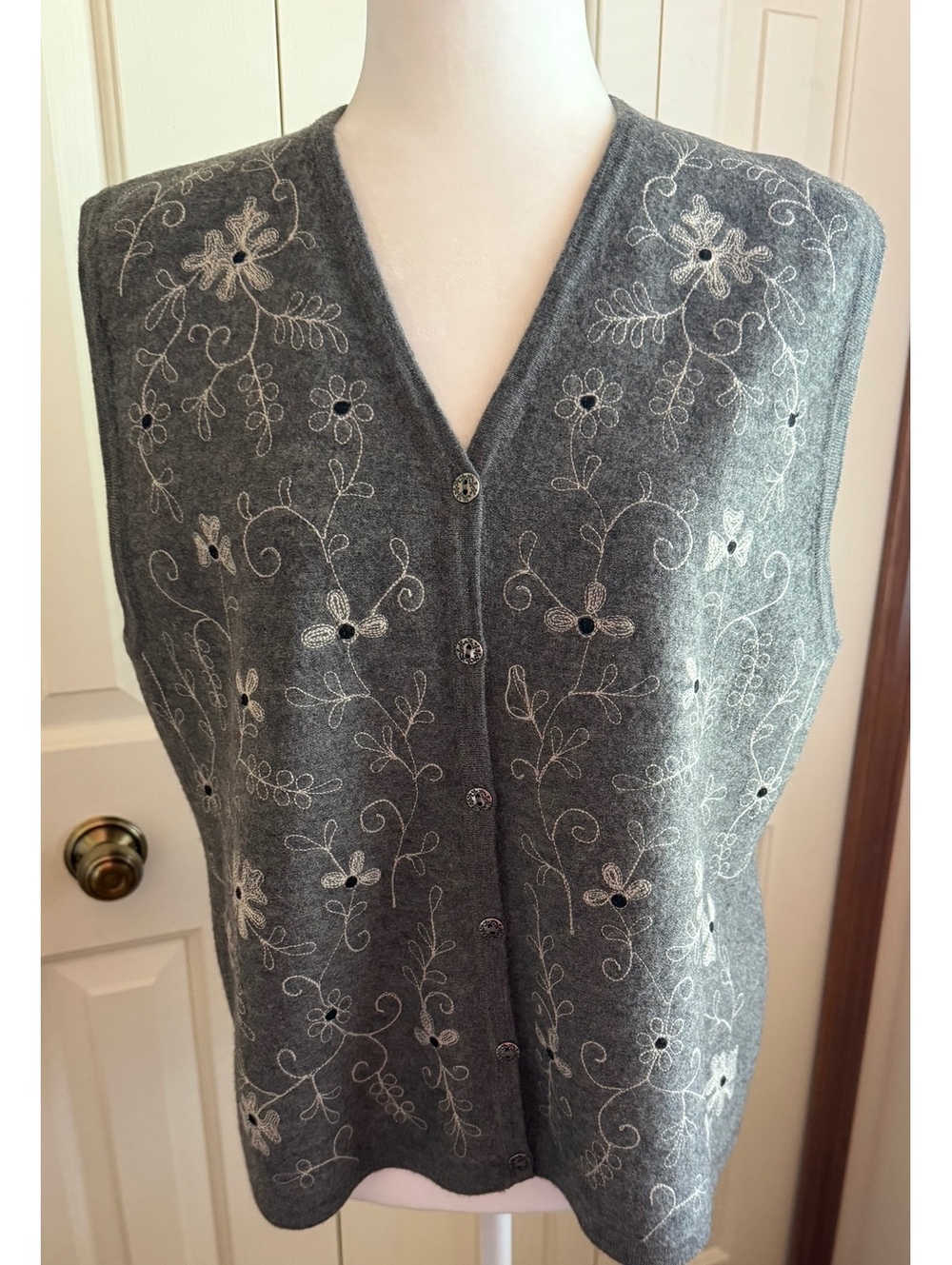 Vintage 90s Talbots Wool Vest Women M Gray Floral Embroidered Button Front